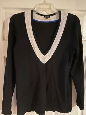Talbots Black V-Neck Sweater with White Chevron Trim and Blue Neckline Accent